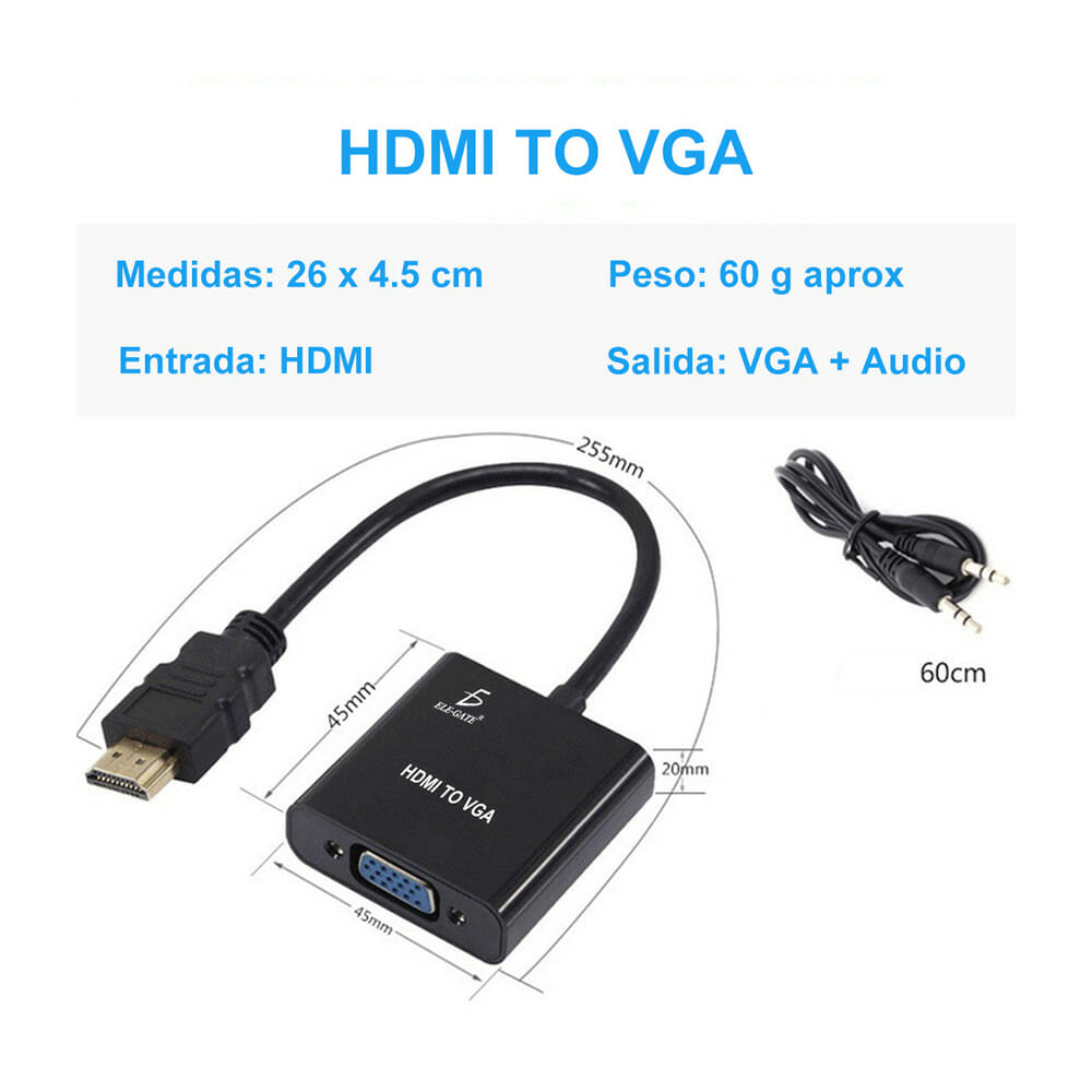 Cable Adaptador Convertidor Hdmi A Vga Aux 3.5 Pc Laptop Tv