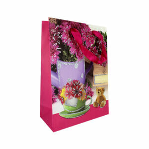 Bolsa de regalo chica con diamantina de cartón, varios diseños, 17.5x24cms