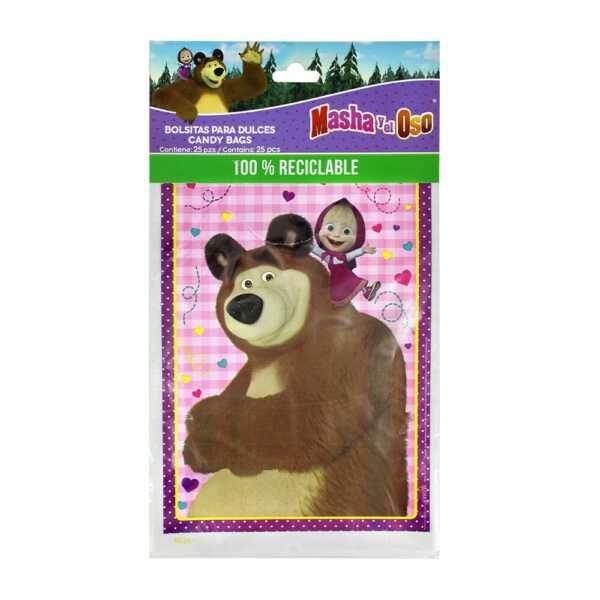 Paquete 25 bolsas de plástico para dulces con diseño de masha y el oso