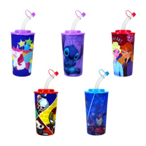 Vaso de plástico con popote 450ml, variedad de personajes