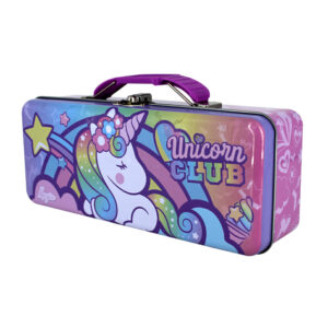 Lapicera rectangular metálica con diseño de unicornio