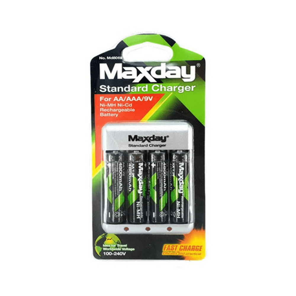 Cargador maxday para baterías pilas recargables doble a o triple a de 9v,  incluye 4 pilas maxday recargables de 4800mah / md806b – Joinet
