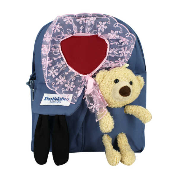 Mochila chica con bordado de corazón + oso de peluche + 2 compartimentos sk-545