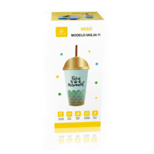 Vaso de acrílico con popote y tapa + frase born to be a mermaid