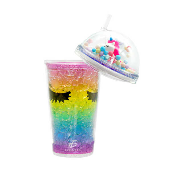 Vaso de acrílico + tapa y popote con diseño arcoíris con unicornio