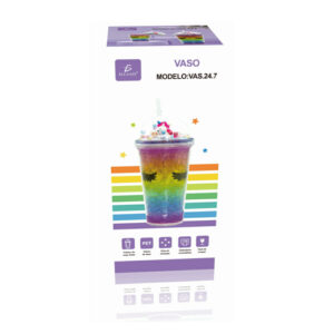 Vaso de acrílico + tapa y popote con diseño arcoíris con unicornio