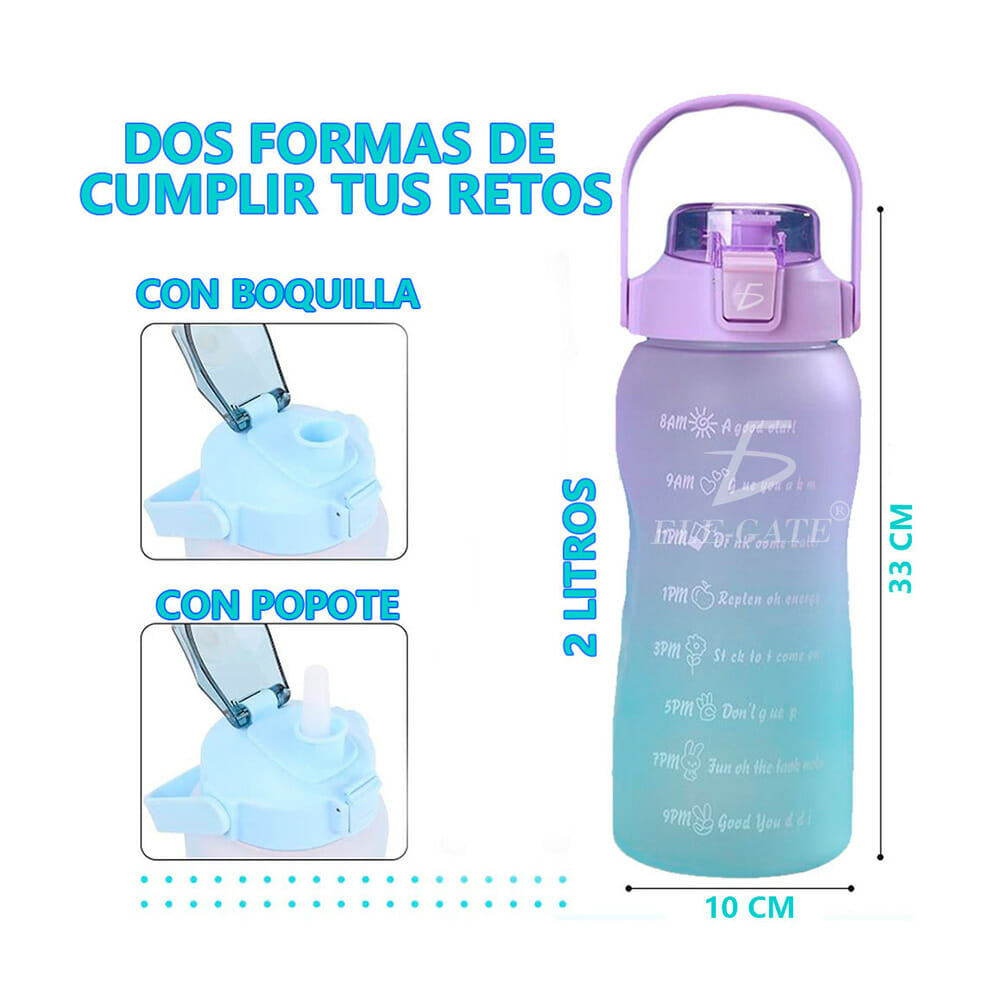 Botella de Agua Deportiva Motivacional 3 en 1 2L bicolor