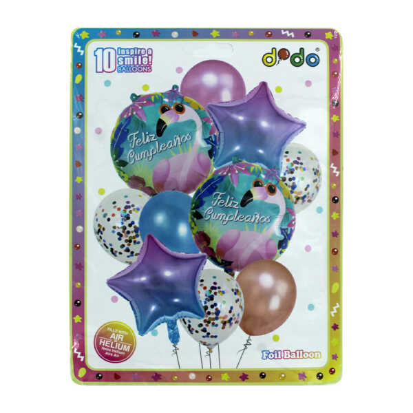 Set de 10 globos metálicos con diseño de flamingo y frase de feliz cumpleaños