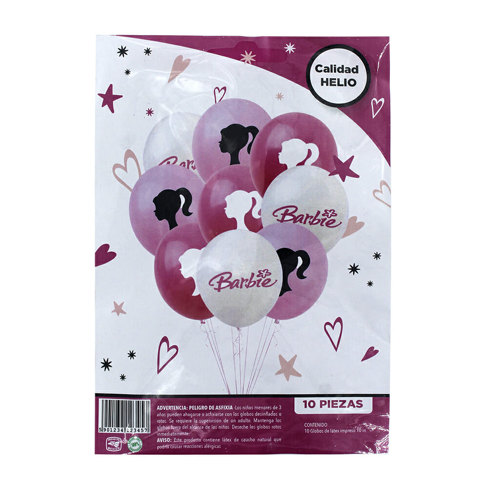 Paquete 10 pzas globos de látex con diseño de barbie / 23457
