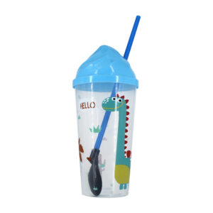 1pza Vaso transparente con popote cuchara y diseño de dinosaurio 300ml, variedad de diseños / meo-705