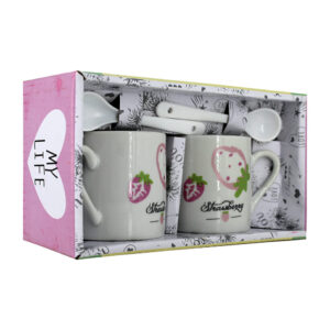 Juego de 2 tazas de cerámica con cucharas con estampado de fresas / strawberry