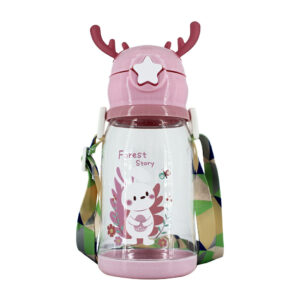 Botella transparente con broche de estrella, orejas o cuernos, popote y correa, variedad de colores y modelos / forest story