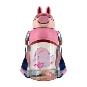 Botella transparente de broche ovalado con popote, orejas o cuernos y correa, variedad de modelos / water happily