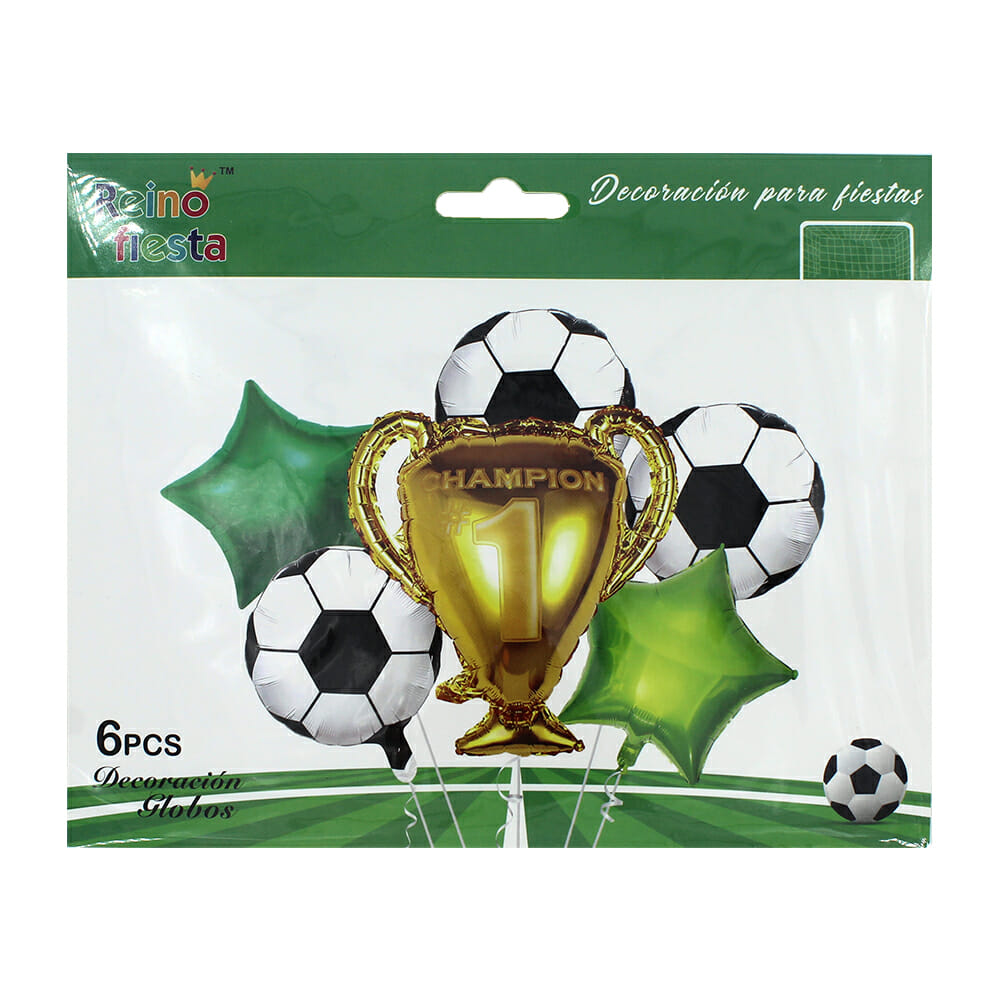 Paquete de 6 globos metálicos decorativos reino fiesta con forma de balones  futbol y copa dorada / 51474 – Joinet