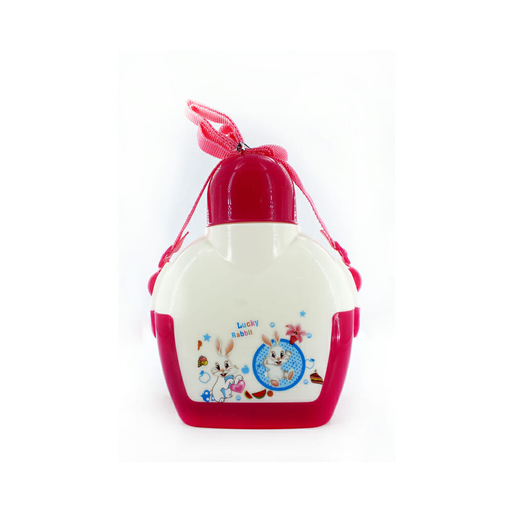 Botella cantimplora infantil de plástico bicolor con correa de tela y  tapadera tipo taza / meo-710