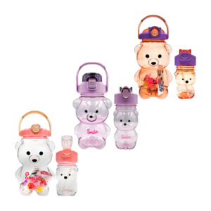 Juego de 2 botellas personalizables de plástico en forma de oso smile con correa, sticker y figuras adhesivas, variedad de modelos / 2200 / LU8085