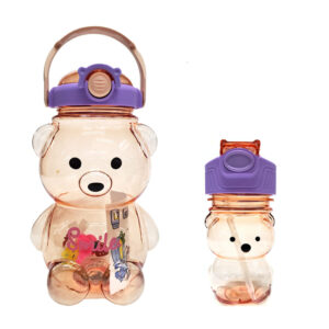 Juego de 2 botellas personalizables de plástico en forma de oso smile con correa, sticker y figuras adhesivas, variedad de modelos / 2200