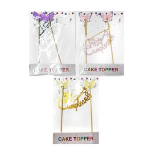 1pza topper cake feliz cumpleaños colgante con dos palitos con figuras en forma de mariposa y de frase queen, variedad de colores / bt-1793 / X214 /cake topper perla