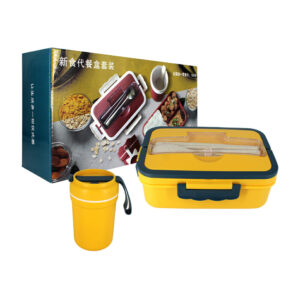 Kit tupper cuadrado de plástico con cubiertos + vaso portátil de 330ml con tapa, variedad de colores / kh0019-1000