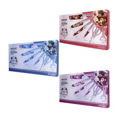 Set de 4 cuchillos, pelador y tijeras con estampado de flores, variedad de colores /  evrywealth / er.0088 / 15661