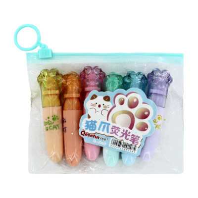 Paquete 6 marcatextos de tonos pastel con diseño de garritas, variedad de colores / q-1360
