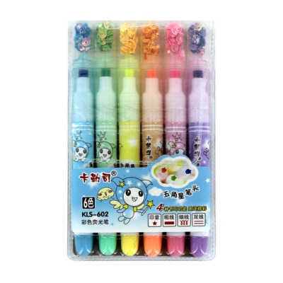 Paquete 6 marcatextos con punta de estrella + lentejuelas, variedad de colores / kls-602