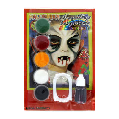 Maquillaje para halloween infantil con 5 pinturas para la piel de colores, colmillos y frasco de sangre falsa / x-3 / X330