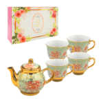 Juego de té tipo porcelana con tetera y 4 tazas en estampado floreado / thank you / 4 cups 1 pot / lu8104