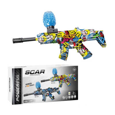 Pistola / rifle scar de juguete con balas de hidrogel 7-8mm con accesorios ensamblables, función automática y diseño grafiti de calaveras y rostros / 737b