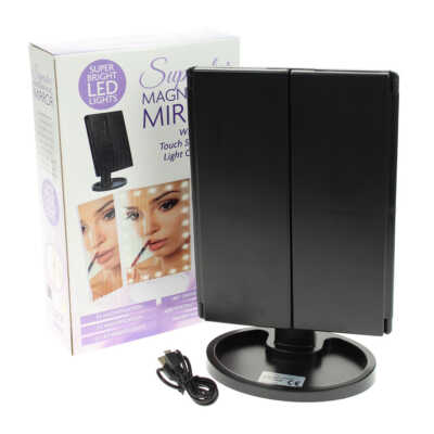 Espejo para maquillaje plegable con diferentes aumentos, luz led y base, variedad de colores / 80827