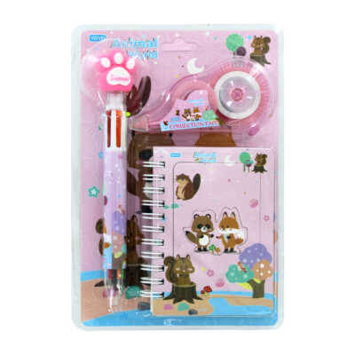 Kit escolar infantil con diseño de animales, pluma retractril multicolor / corrector en cinta de 8 metros y libreta pequeña con doble espiral y pasta gruesa / yoyo-8023