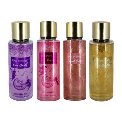 Perfume corporal pink in sweet para dama con 250ml con brillitos, variedad de aromas / elf21
