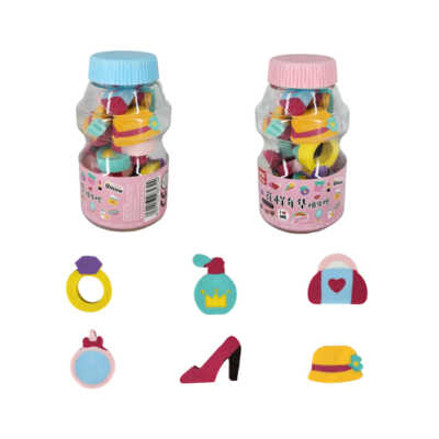 Bote con mini gomas/ borradores con diseño de accesorios para dama, variedad de colores / qh-8572
