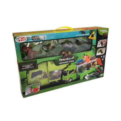 Tráiler / camión de juguete para transporte con 3 coches y 3 dinosaurios con luz y sonido / dinosaur container truck / cb-0596