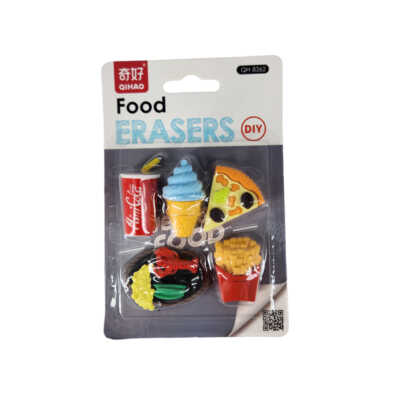 Blíster con 5 borradores en forma de comida, variedad de diseños / food erasers / qh-8362