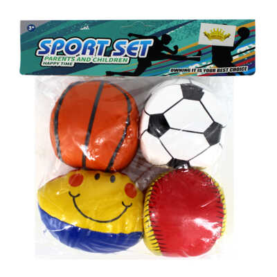Blíster con 4 pelotas deportivas de piel sintética con relleno de felpa, variedad de diseños / sport set / 2268-30