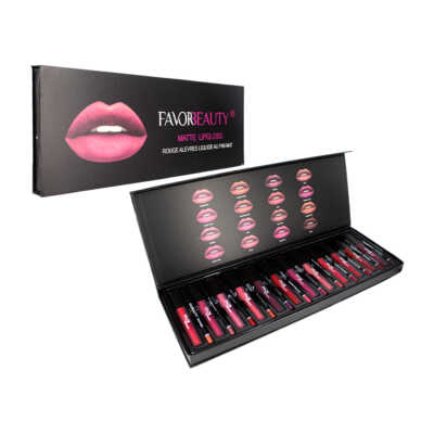 Caja con 12 labiales líquidos en efecto matte y 12 lápices lip liner de colores / favor beauty / lg3287