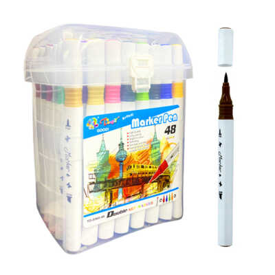 Estuche con 48 marcadores plumones de colores con doble punta / marker pen