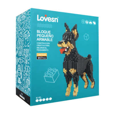 Figura didáctica de mini bloques armables con 957pzas en forma de perro raza dóberman / dm3046