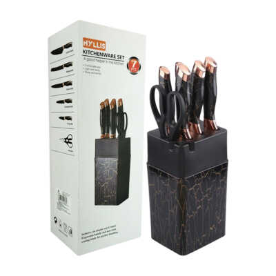 Set de 5 cuchillos de acero inoxidable, 1 tijeras y un estante de acrílico, variedad de colores / 7ks