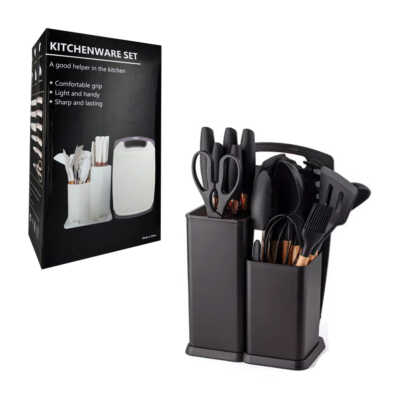 Set de 11 utensilios de silicón con madera, 5 cuchillos, 1 tijeras, 1 base para los utensilios y 1 tabla para picar / kitchenware set / 80846