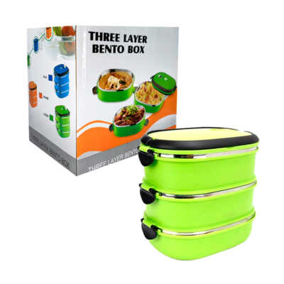 Tupper ovalado rectangular de 3 niveles con interior de acero inoxidable 2700ml / three layer bento box / fh3