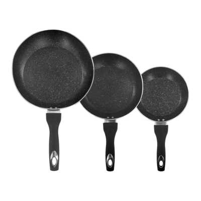 Juego con 3 sartenes antiadherentes redondos de diversos tamaños y con mango de plástico / hot chef