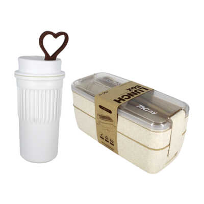 Juego de tupper rectangular con 2 niveles + cubiertos y botella pequeña, variedad de colores / lunch box 750ml