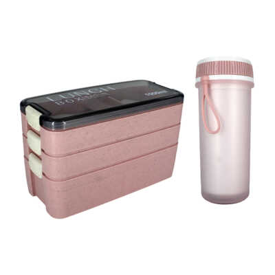 Juego de tupper rectangular con 3 niveles + cubiertos y botella pequeña, variedad de colores / lunch box 1000ml
