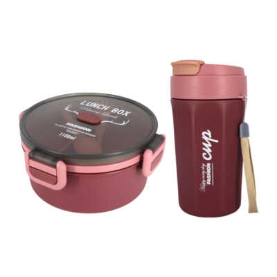 Juego de tupper redondo con 3 compartimentos + cubiertos y botella pequeña, variedad de colores / lunch box 1100ml