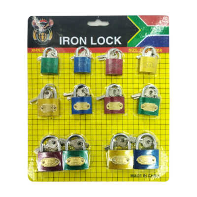 Blíster con 12 candados metálicos de colores + juego de 2 o 3 llaves / iron lock / tri-gan