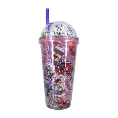 Vaso de acrílico con estampando de donas, luces rgb popote y tapadera de diamantina encapsulada con figuras / a-68