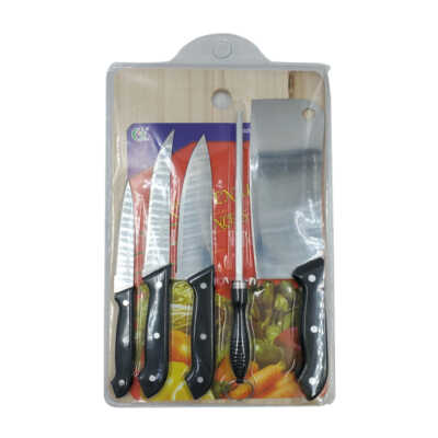 Tabla de madera para picar alimentos con 4 cuchillos y chaira / stainless steel