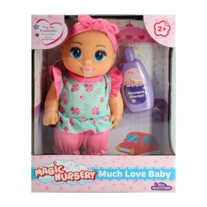 Muñeca bebé articulada y perfumada con botella de Shampoo incluida 20cm, variedad de diseños / magic nursery / much love baby / 3637